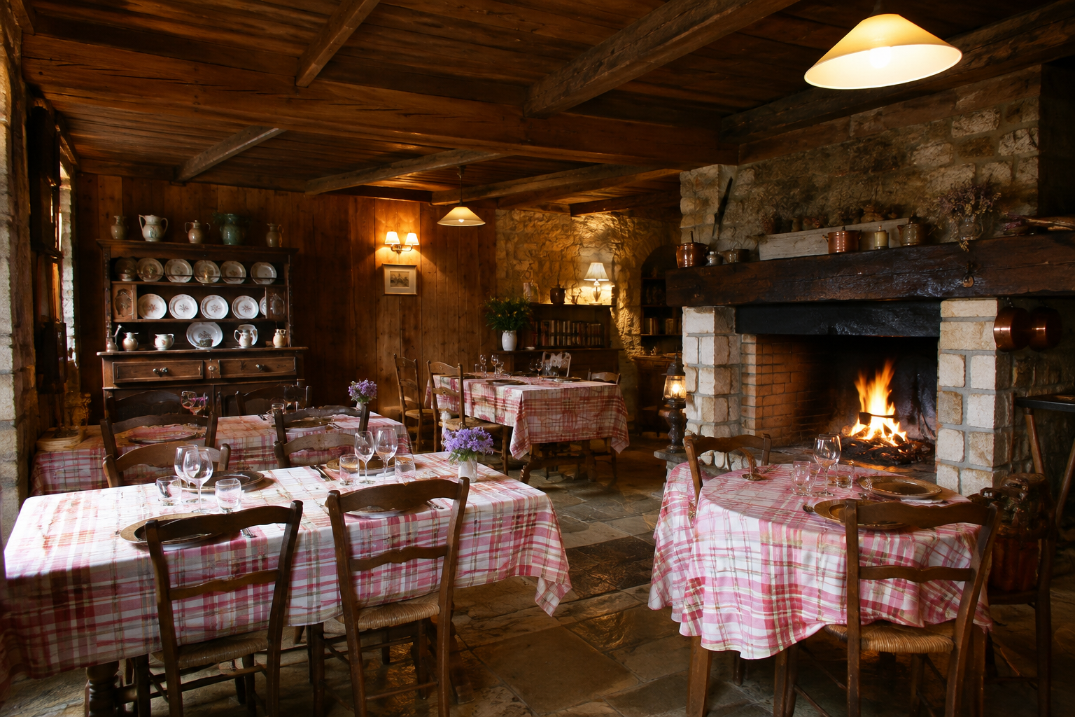 La salle de l'auberge, boisée, avec sa cheminée